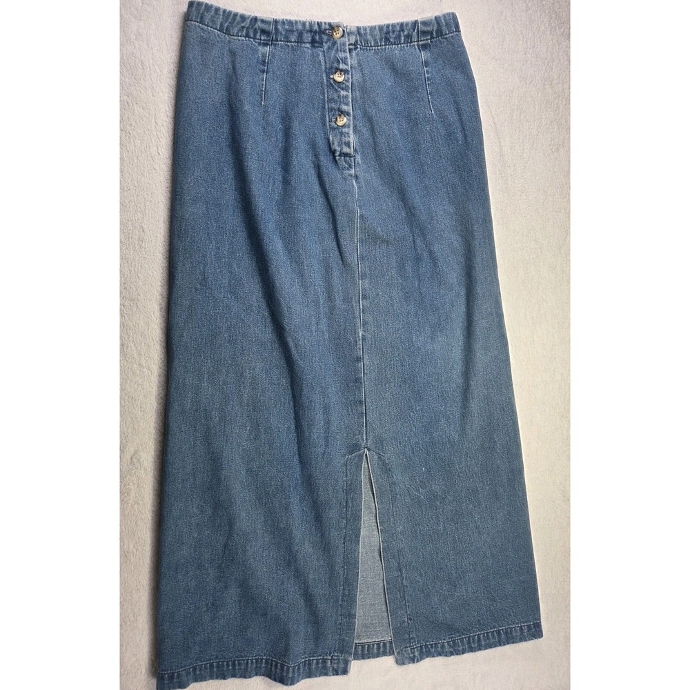 Eddie Bauer Vintage Y2K 90s Long Denim Skirt Petite 8 Button Front Midi Jean - Picture 1 of 7